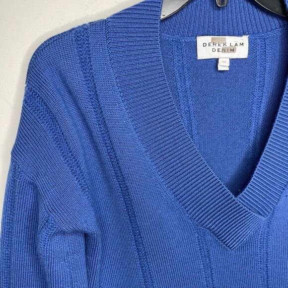 DEREK LAM Sweater Womens Small S Military Blue 100% Wool Pullover V-Neck Crop - Picture 3 of 13